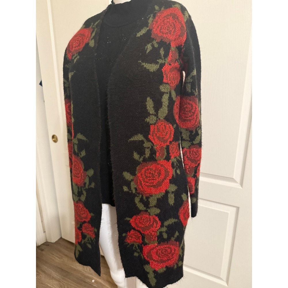 BY DESIGN Black Red Rose Floral Knit Long Cardigan Sweater Womens Small - Picture 2 of 8